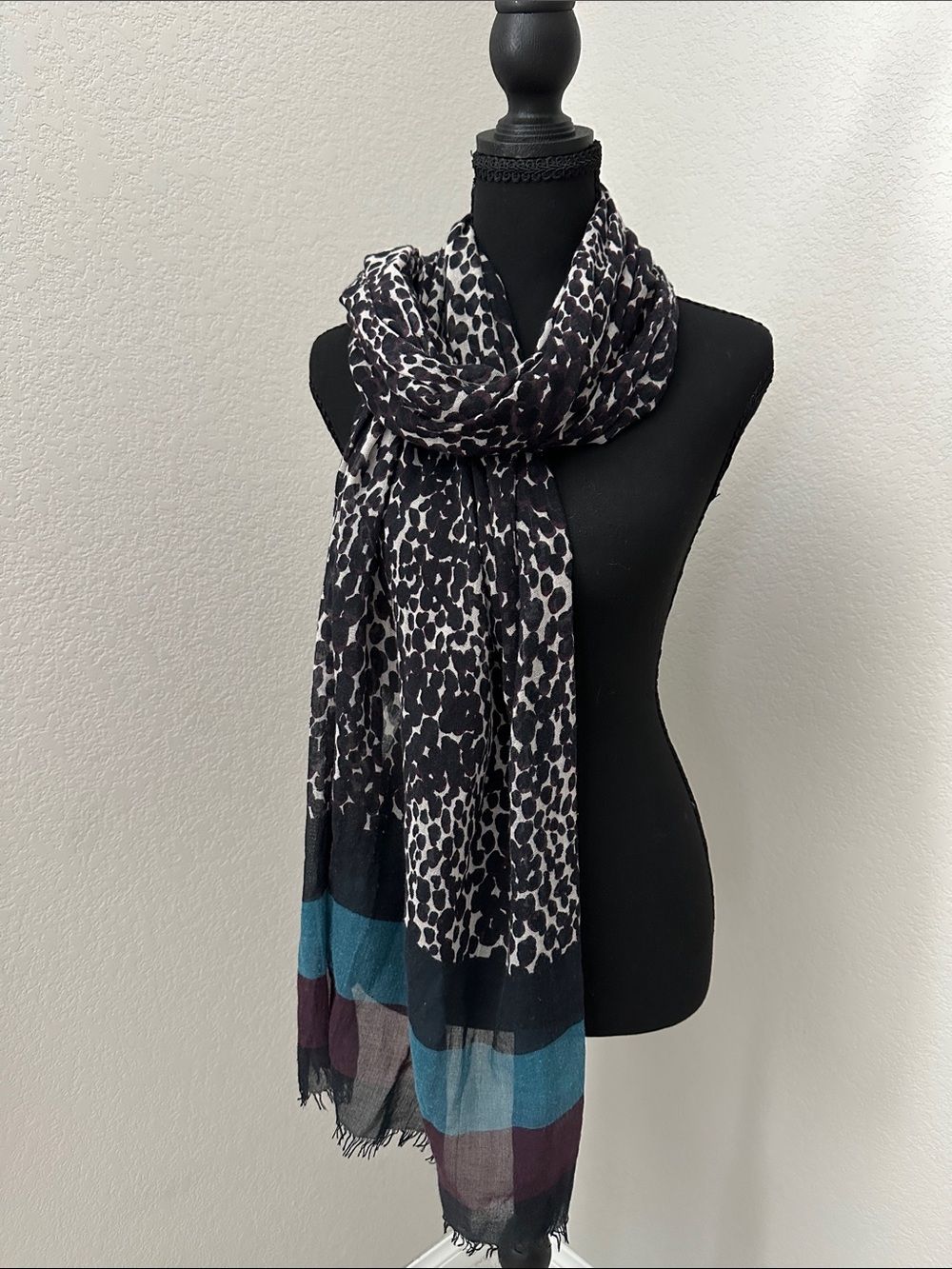 LOFT Black & White Leopard Scarf with Teal and Plum Stripes
